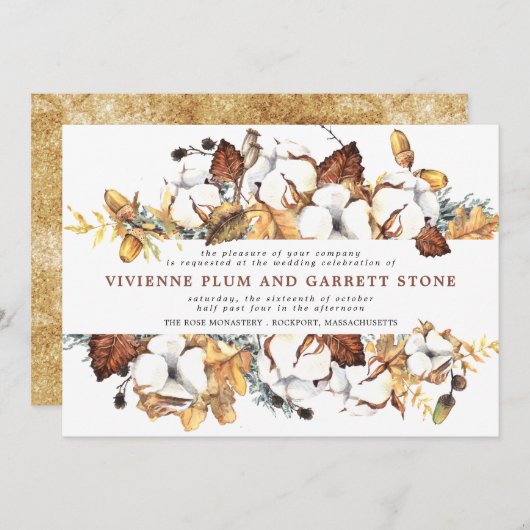 Invitation Mariage de automne Floral blanc et Feuille or (Devant / Derrière)
