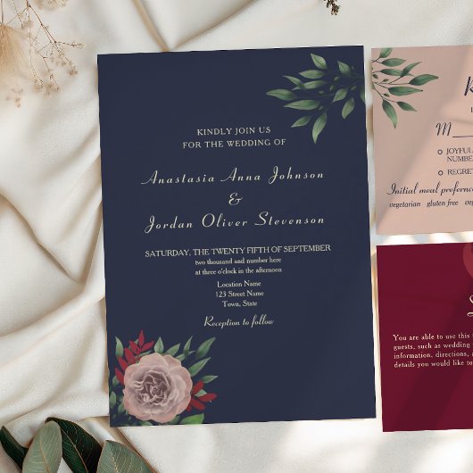 Invitation Mariage de automne floral de la marine de Bourgogn