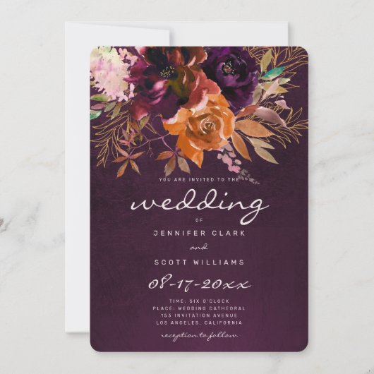 Invitation Mariage de automne floral orange bordeaux (Devant)