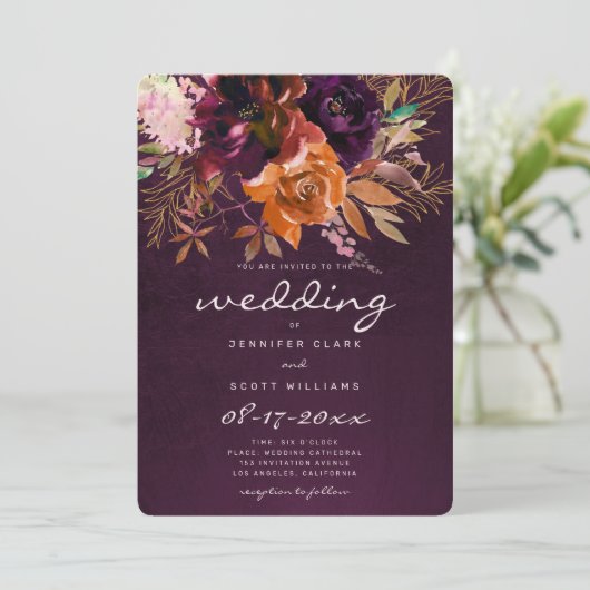 Invitation Mariage de automne floral orange bordeaux (Debout devant)