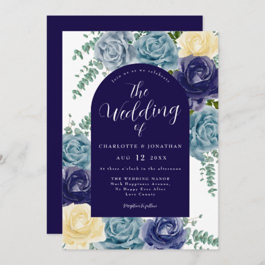 Invitation Mariage de automne Floral Rustique Bleu Brûlé (Devant / Derrière)