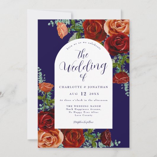 Invitation Mariage de automne Floral Rustique Bleu Brûlé (Devant)