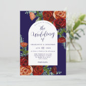Invitation Mariage de automne Floral Rustique Bleu Brûlé (Debout devant)
