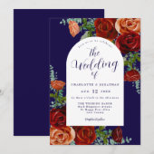 Invitation Mariage de automne Floral Rustique Bleu Brûlé (Devant / Derrière)
