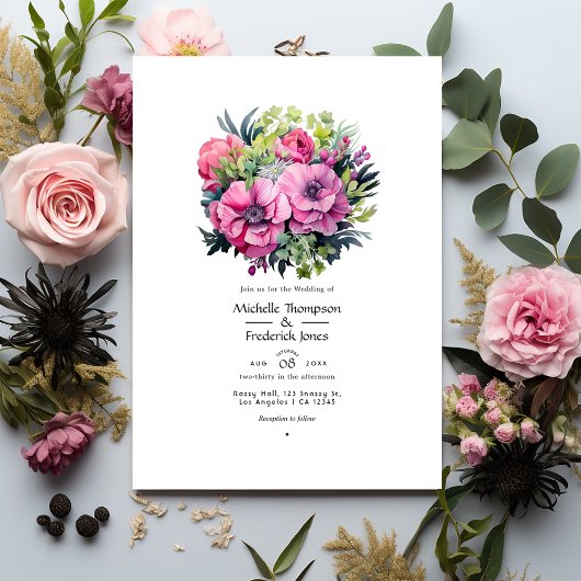 Invitation Mariage de automne floral vert, rose et noir