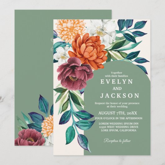 Invitation Mariage de automne floral vert Sage moderne (Devant / Derrière)