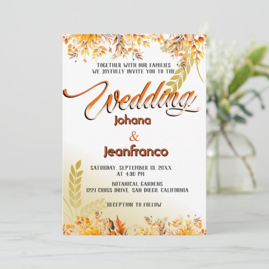 Invitation mariage de automne Orange Script modern (Debout devant)