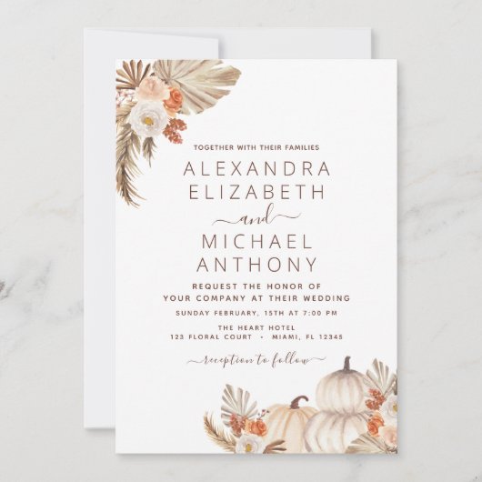 Invitation Mariage de automne Pampas Citrouille en herbe Terr (Devant)