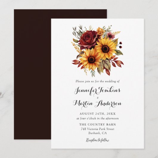 Invitation Mariage de automne Rose rouge tournesol (Devant / Derrière)