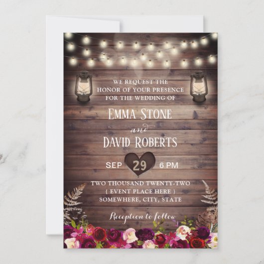 Invitation Mariage de automne Rustique Burugndy Fleurs & Lant (Devant)