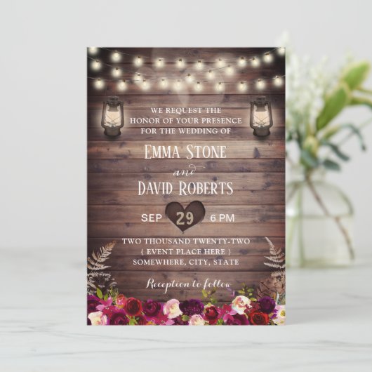 Invitation Mariage de automne Rustique Burugndy Fleurs & Lant (Debout devant)