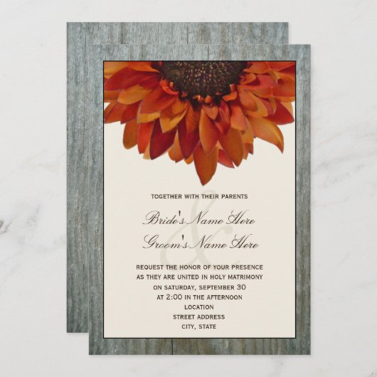 Invitation Mariage de automne - Sunflower & Barnwo (Devant / Derrière)
