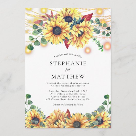 Invitation Mariage de automne Sunflower String Lights Mason J (Devant)