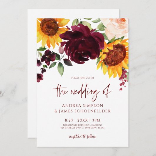 Invitation mariage de automne tournesols Bourgogne (Devant / Derrière)