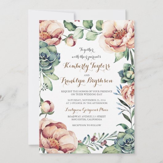 Invitation Mariage de automne vintage fleuri Wreath Aquarelle (Devant)