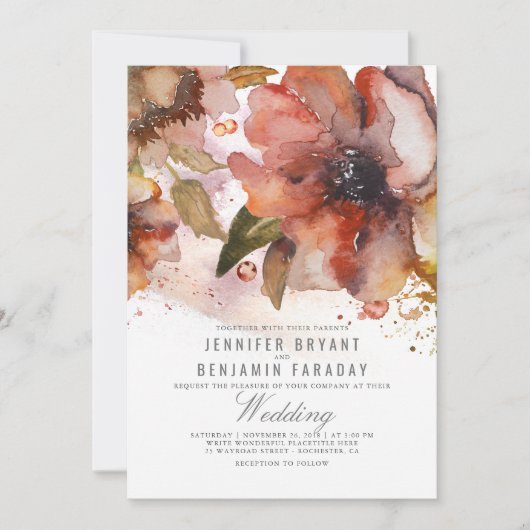 Invitation Mariage de automne vintage Fleurs aquarelles (Devant)