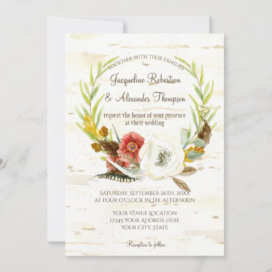 Invitation Mariage de automne Wreath Boho Feather Birk Bark P (Devant)