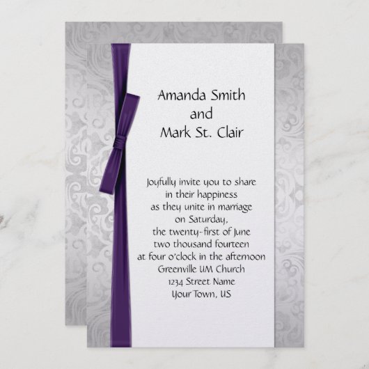 Invitation Mariage de bac à ruban pourpre en argent perdu (Devant / Derrière)