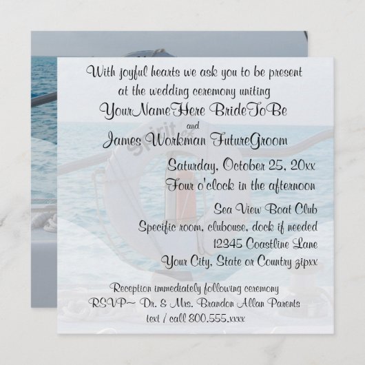 Invitation Mariage de bateau avec RSVP (Devant / Derrière)