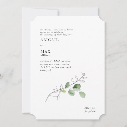 Invitation Mariage de billet blanc moderne pour le feuillage  (Devant)