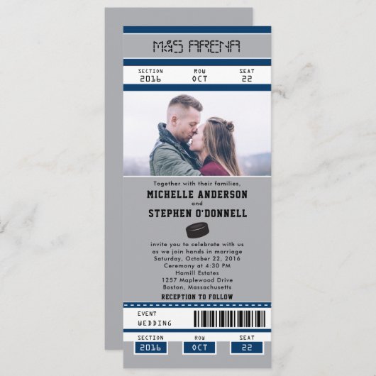 Invitation Mariage de billet de hockey bleu argent (Devant / Derrière)
