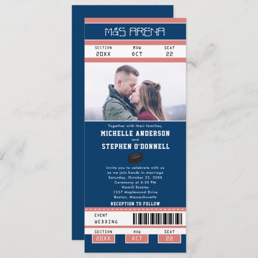 Invitation Mariage de billet de la Marine Blue Hockey (Devant / Derrière)