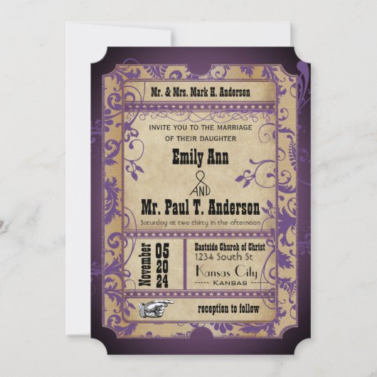 Invitation Mariage de billet violet Renaissance médiéval (Devant)