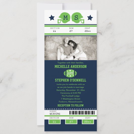 Invitation Mariage de billets de football Blue and Lime Green (Devant)