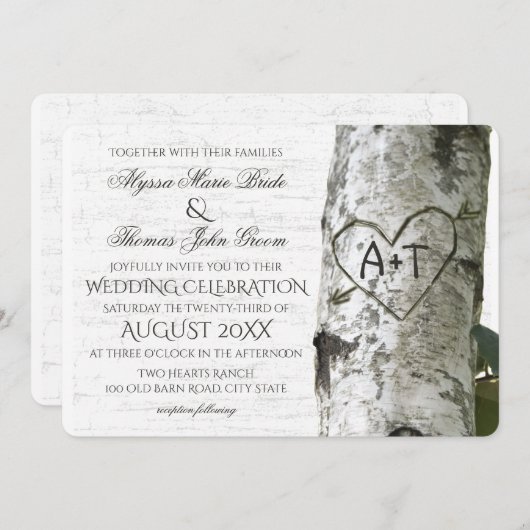 Invitation Mariage de Birch Tree rustique avec coeur sculpté (Devant / Derrière)