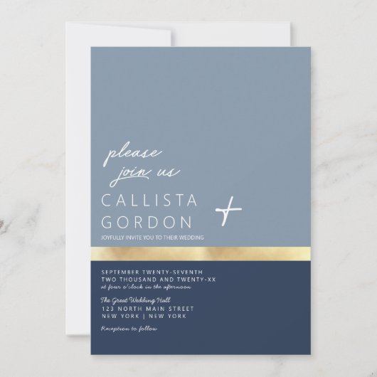 Invitation Mariage de bloc couleur or bleu bleu marine modern (Devant)