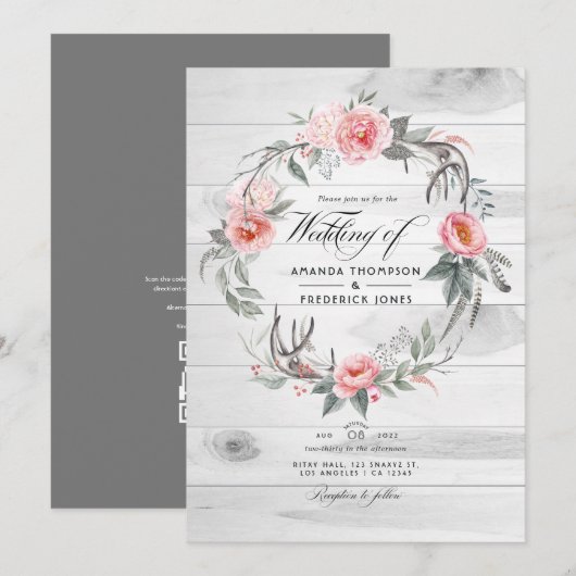 Invitation Mariage de Bohême RSVP Floral rose et gris (Devant / Derrière)