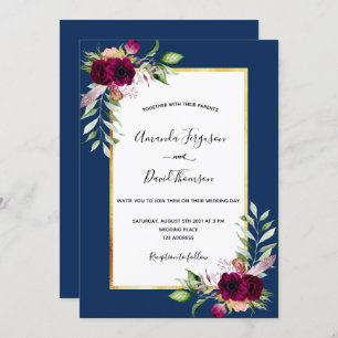 Invitation Mariage de boho en or bleu marine bordeaux