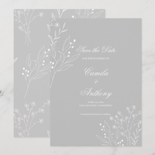 Invitation Mariage de Boho Floral à Coin Blanc Argent (Devant / Derrière)