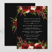 Invitation Mariage de Boho Floral de Bourgogne noire (Devant / Derrière)