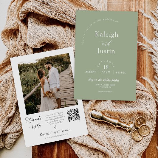 Invitation Mariage de Boho vert Dusty moderne Photo QR Code R