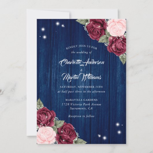 Invitation Mariage de bois rustique Bleu Blush de la marine d (Devant)