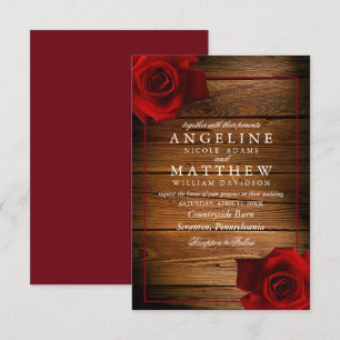 Invitation Mariage de bois rustique de rose rousse de Bourgog