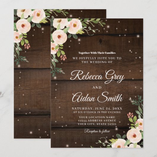 Invitation Mariage de bois rustique et fleuri (Devant / Derrière)