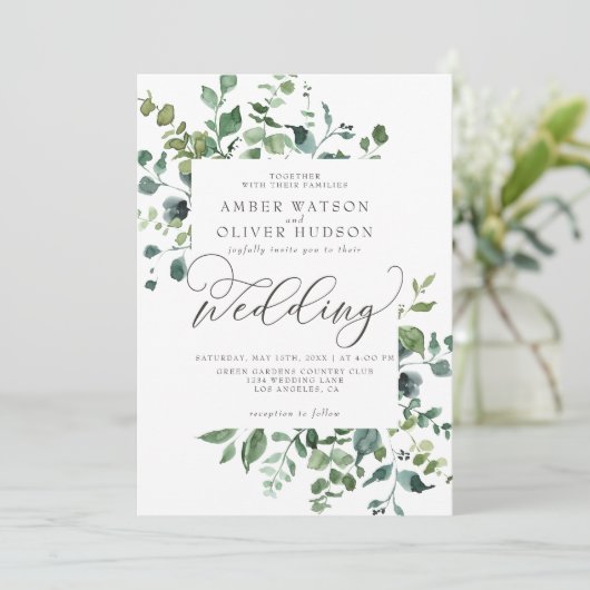 Invitation Mariage de bois rustique Feuille de verdure (Debout devant)