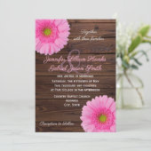 Invitation Mariage de bois rustique fleuri rose gerbera (Debout devant)