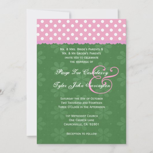 Invitation Mariage de bord vert et ruban rose Pois (Devant)