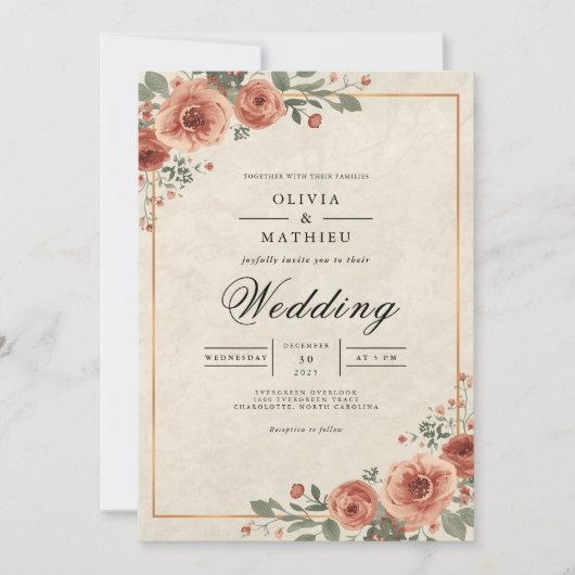 Invitation Mariage de bordure de fleurs d'Amber Rose (Devant)