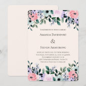 Invitation Mariage de bordure florale aquarelle rose et viole (Devant / Derrière)