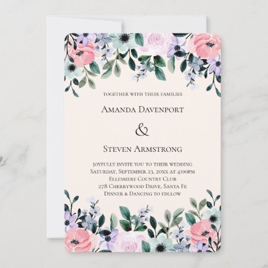 Invitation Mariage de bordure florale aquarelle rose et viole (Devant)