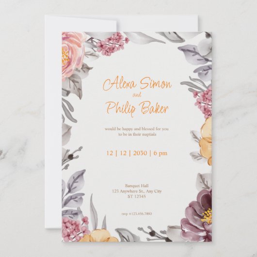 Invitation Mariage de bordure florale rose et blanc (Devant)