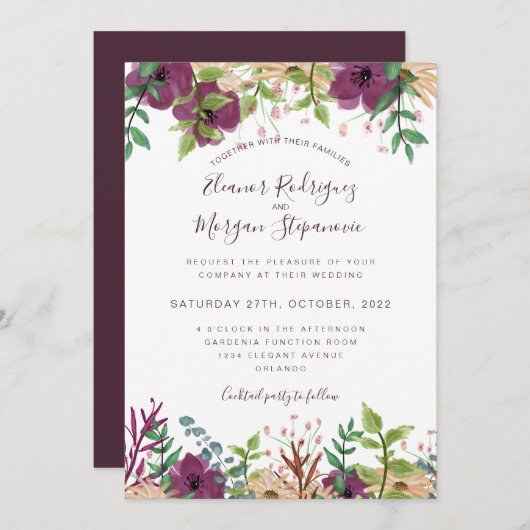 Invitation Mariage de bordure florale violette de Bourgogne (Devant / Derrière)