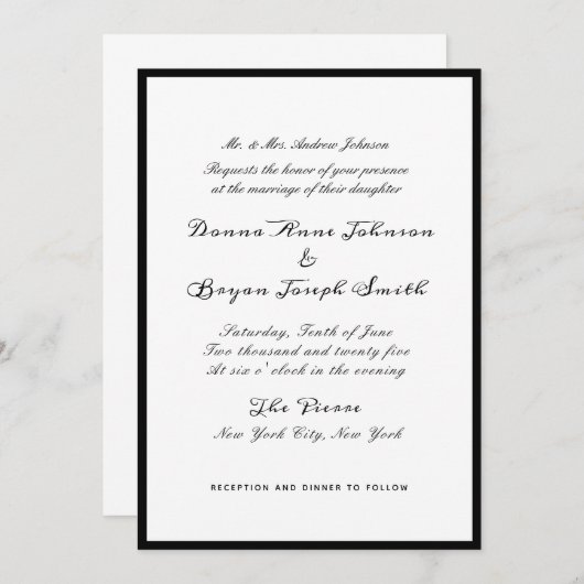 Invitation Mariage de bordure noire classique (Devant / Derrière)