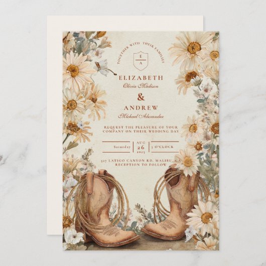Invitation Mariage de bottes de fille de la marguerite rustiq (Devant / Derrière)