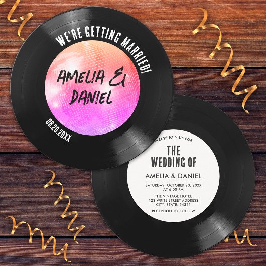 Invitation Mariage de boule de disco rose orange rétro