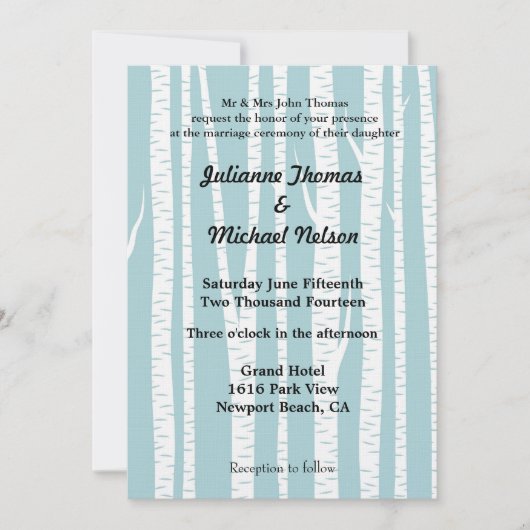 Invitation Mariage de bouleaux blancs bleus (Devant)